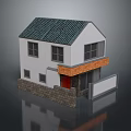Two Story Residential Building with Green Tiled Roof White Walls Red Door and Stone Base