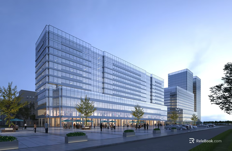 Tall Modern Glass Curtain Wall Office Building With Pedestrian Plaza Trees And Evening Sky 3d model 