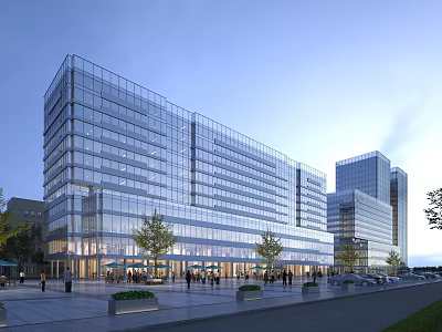 Tall Modern Glass Curtain Wall Office Building With Pedestrian Plaza Trees And Evening Sky 3d model