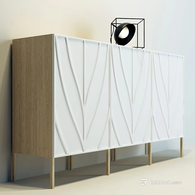 Modern Entryway Console Cabinet With White Textured Panels Wooden Sides And Gold Metal Legs 3d model 