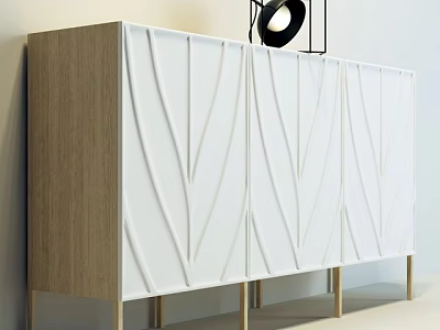 Modern Entryway Console Cabinet With White Textured Panels Wooden Sides And Gold Metal Legs 3d model
