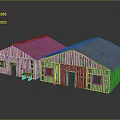 Two Wooden Barns with Frame Structure Sloped Roofs Multiple Windows Doors and Wheelbarrow