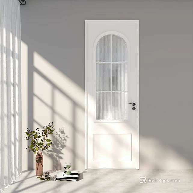 White Hinged Door with Arched Glass Window Blinds Design on Gray Wall in Sunlight Shadows 3d model 