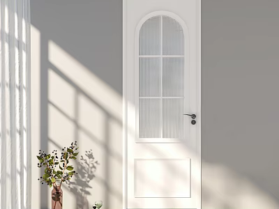 White Hinged Door with Arched Glass Window Blinds Design on Gray Wall in Sunlight Shadows 3d model