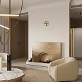 Modern Dining and Living Room Interior with Hanging Chandelier Beige Sofa and Fireplace Design