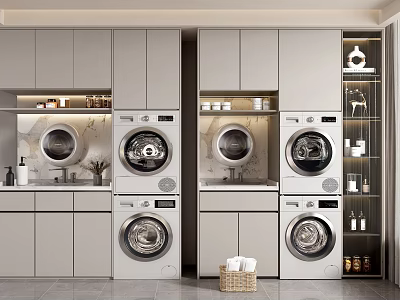 Modern Style Bathroom Cabinetry With Multiple Washing Machines Countertops And Storage Baskets 3d model