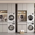 Modern Style Bathroom Cabinetry With Multiple Washing Machines Countertops And Storage Baskets
