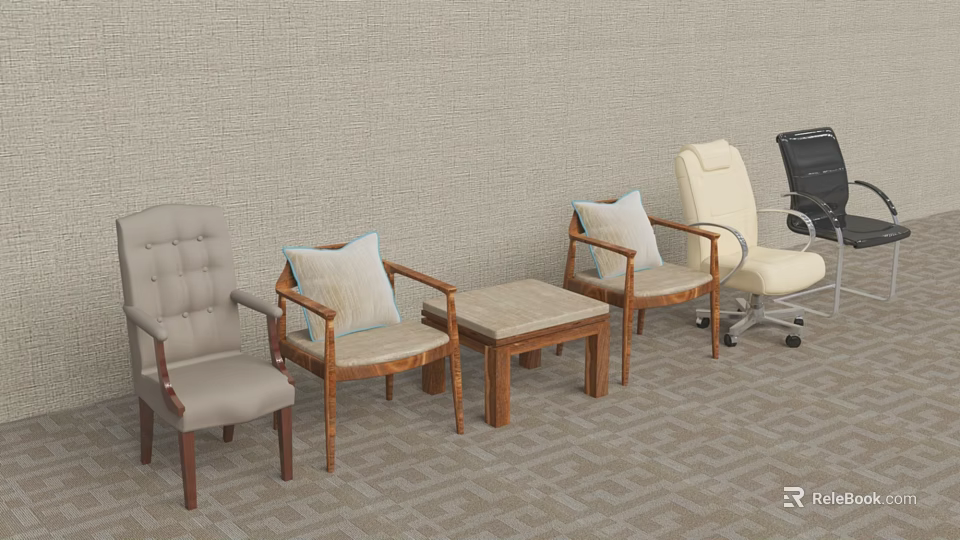 Elegant Accent Chairs With Wooden Legs Soft Cushions Ottoman In Light Wall Geometric Carpet Setting 3d model 