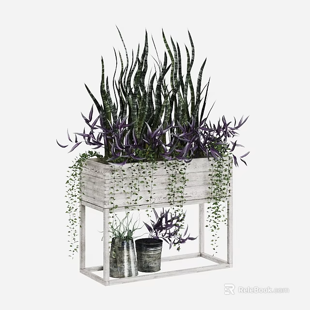 Potted Bonsai Plants On White Wooden Stand Featuring Long Striped Leaves Purple Foliage Hanging Vines 3d model 