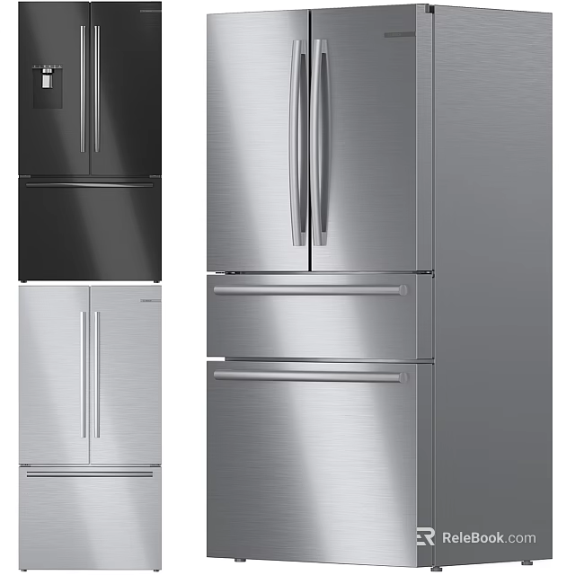 Modern Stainless Steel And Black Refrigerators With French Doors And Drawers For Home Kitchen 3d model 