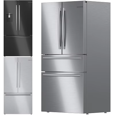 Modern Stainless Steel And Black Refrigerators With French Doors And Drawers For Home Kitchen 3d model