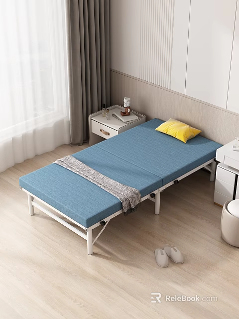 Cozy Room Interior With Folding Bed Blue Mattress Yellow Pillow And Bedside Table 3d model 