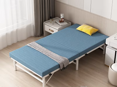 Cozy Room Interior With Folding Bed Blue Mattress Yellow Pillow And Bedside Table 3d model