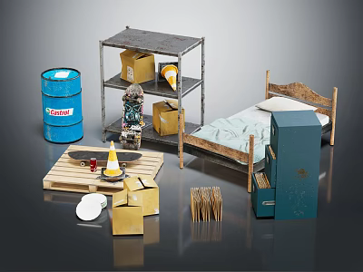 Single Bed With Wooden Pallet Blue Barrel Metal Shelf And Yellow Cartons 3d model