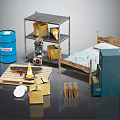 Single Bed With Wooden Pallet Blue Barrel Metal Shelf And Yellow Cartons