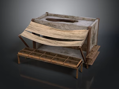 Rustic Wooden Outdoor Structure With Cloth Canopy Bench And Divided Compartments 3d model