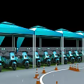 Exhibition Booth Setup With Turquoise Tents Circular Track Large Screen And Flags 3d model