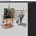 Artistic Decorative Set With Floral Painting On Easel Paintbrushes Paint Bottles And Palette