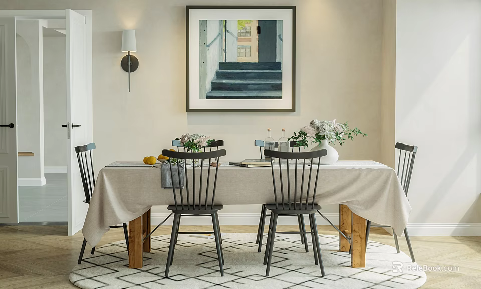 Dining Table Set With Tablecloth Black Chairs Wooden Legs And Flower Centerpiece 3d model 