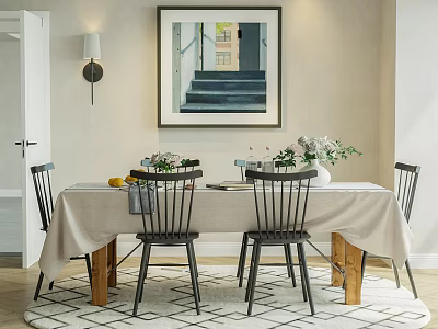 Dining Table Set With Tablecloth Black Chairs Wooden Legs And Flower Centerpiece 3d model