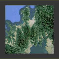 3D Topographic Terrain Model with Green Mountain Ranges Blue Water Bodies and White Land Areas