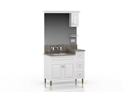 White Bathroom Vanity Cabinet With Wall Cabinet Marble Countertop Sink Faucet Drawers And Brass Legs 3d model