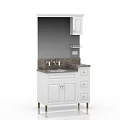 White Bathroom Vanity Cabinet With Wall Cabinet Marble Countertop Sink Faucet Drawers And Brass Legs