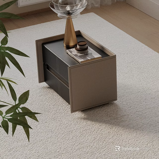 Modern Leather Bedside Table With Two Drawers And Decorative Vase On Soft Rug 3d model 
