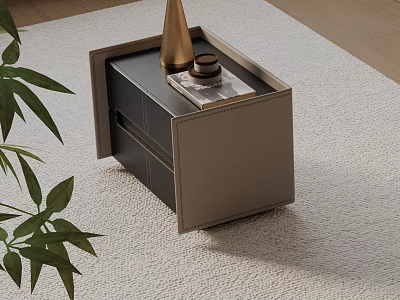 Modern Leather Bedside Table With Two Drawers And Decorative Vase On Soft Rug 3d model