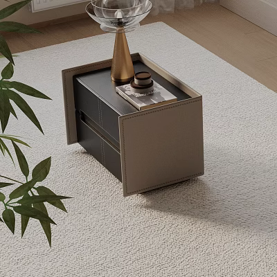 Modern Leather Bedside Table With Two Drawers And Decorative Vase On Soft Rug 3d model