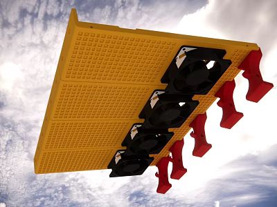 Yellow Perforated Panel With Black Fans And Red Clamps Against Sky 3d model