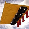 Yellow Perforated Panel With Black Fans And Red Clamps Against Sky