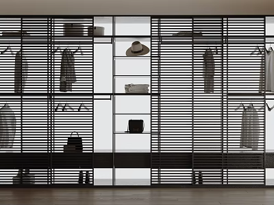 Modern Slatted Wardrobe Design With Open Shelves Hanging Clothes Hat Handbag And Shoes 3d model