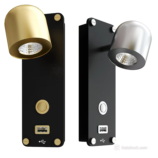 Modern Wall Lamp Design with Black Base Gold Silver Shade Button and USB Port 3d model