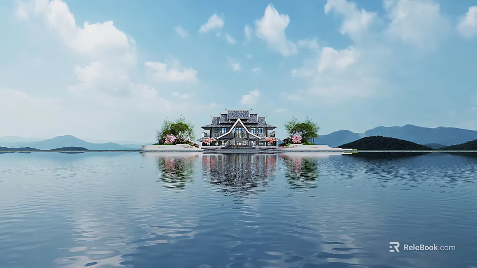 Chinese Style Waterfront Landscape With Lakeside Pavilion And Mountain View 3d model 