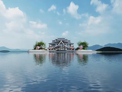 Chinese Style Waterfront Landscape With Lakeside Pavilion And Mountain View 3d model