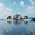 Chinese Style Waterfront Landscape With Lakeside Pavilion And Mountain View