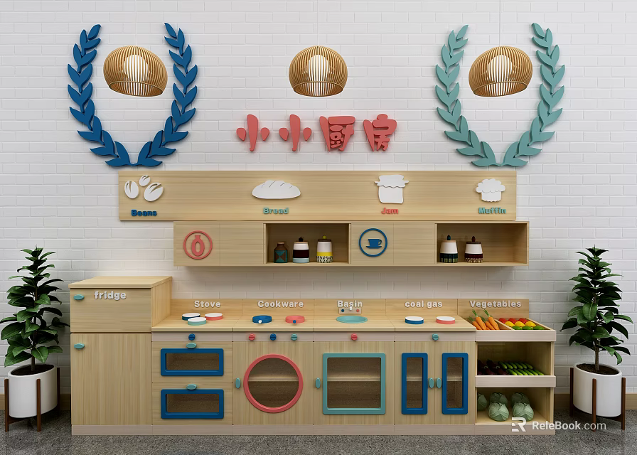 Kids Kitchen Wooden Cabinets With Colorful Doors Decorative Icons And Toy Storage 3d model 