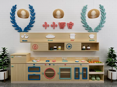 Kids Kitchen Wooden Cabinets With Colorful Doors Decorative Icons And Toy Storage 3d model