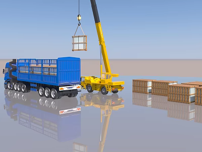 Blue Truck And Yellow Crane Lifting Wooden Crate With Reflection On Ground Under Blue Sky 3d model