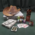 Casino Poker Game With Silver Suitcase Stacked Cash Colorful Chips Cards Whiskey And Cowboy Hat