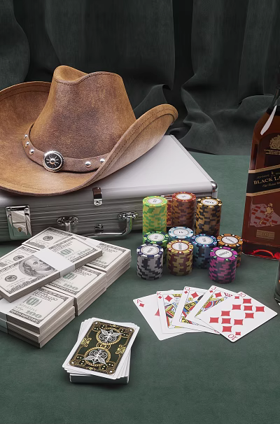 Casino Poker Game With Silver Suitcase Stacked Cash Colorful Chips Cards Whiskey And Cowboy Hat 3d model