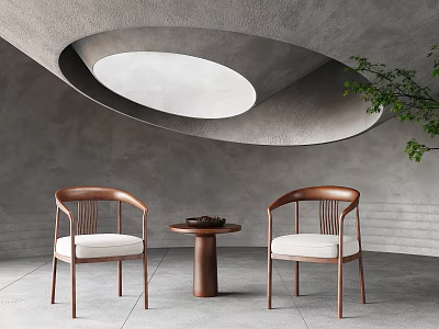 Leisure Sofa Set With Wooden Curved Backrest White Cushions And Small Round Table Gray Wall Green Plant 3d model