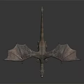 Realistic Gray Flying Dragon With Large Wings Standing On Dark Background And Smoke