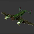 Military Airplane with Green Camouflage Twin Engines Wings and Tail on Gray Smooth Reflective Surface