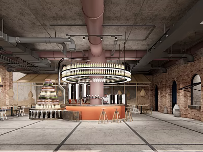 Industrial Style Bar Interior Design With Round Chandelier Bar Counter And Red Brick Walls 3d model