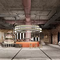 Industrial Style Bar Interior Design With Round Chandelier Bar Counter And Red Brick Walls