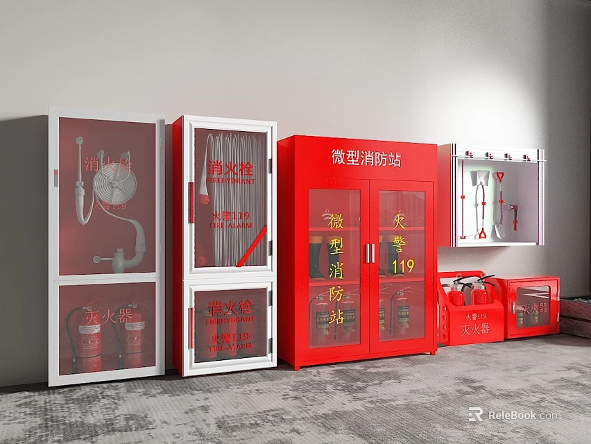 Mini Fire Station Fire Equipment with Red White Cabinets Fire Hoses and Extinguishers 3d model 