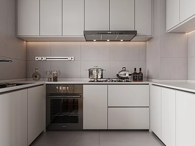 Modern Kitchen With White Cabinets Stove Oven Range Hood And Appliances 3d model