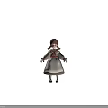 Child With Brown Pigtails In White Dress Red Bow Long Sleeves White Socks Brown Shoes